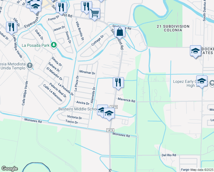 map of restaurants, bars, coffee shops, grocery stores, and more near 5994 Southmost Road in Brownsville