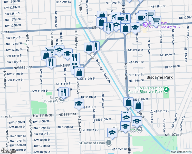 map of restaurants, bars, coffee shops, grocery stores, and more near 311 Northeast 117th Street in Miami