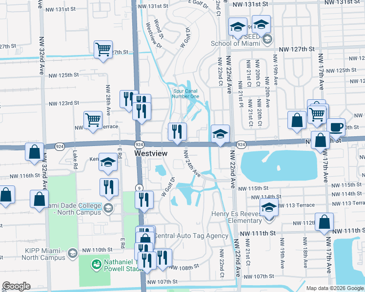 map of restaurants, bars, coffee shops, grocery stores, and more near in Westview