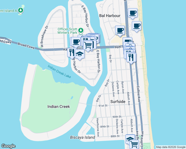 map of restaurants, bars, coffee shops, grocery stores, and more near 1040 92nd Street in Bay Harbor Islands