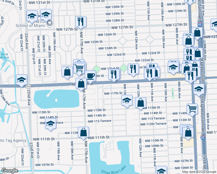 map of restaurants, bars, coffee shops, grocery stores, and more near 1411 Northwest 118th Street in Miami