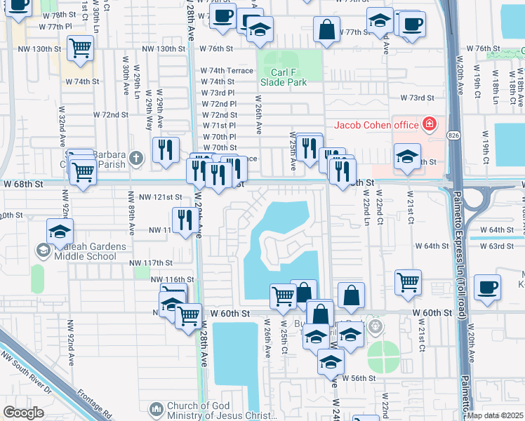 map of restaurants, bars, coffee shops, grocery stores, and more near 6685 West 26th Court in Hialeah