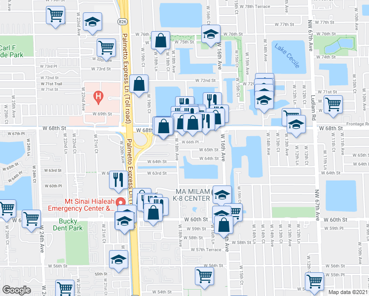 map of restaurants, bars, coffee shops, grocery stores, and more near 1766 West 65th Street in Hialeah