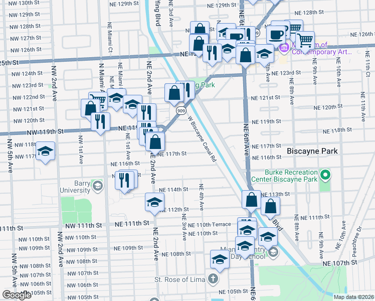 map of restaurants, bars, coffee shops, grocery stores, and more near 311 Northeast 117th Street in Miami