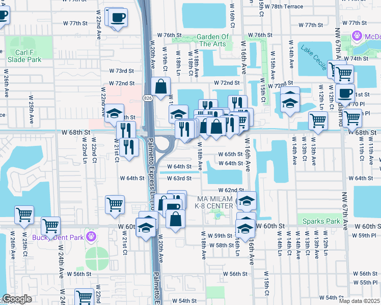map of restaurants, bars, coffee shops, grocery stores, and more near 1900 West 68th Street in Hialeah