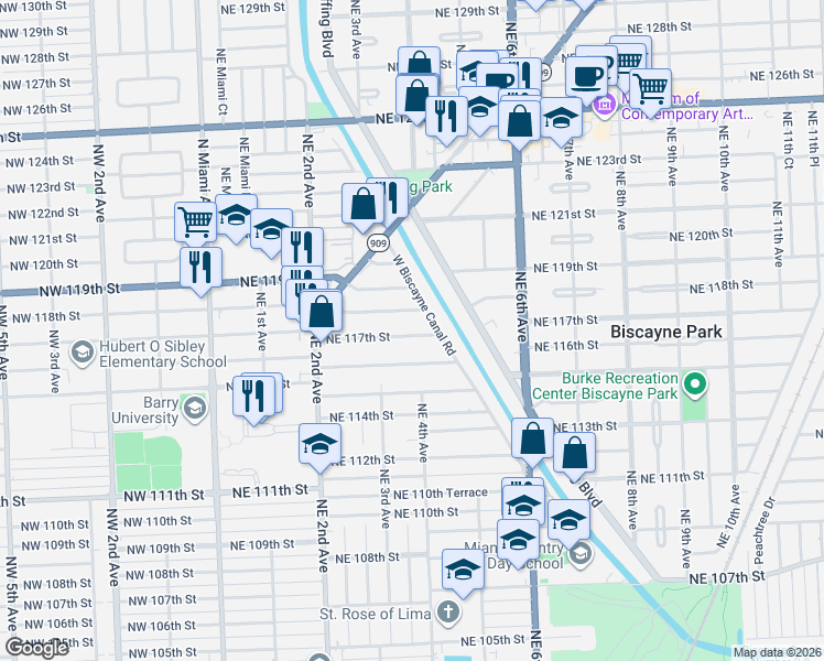 map of restaurants, bars, coffee shops, grocery stores, and more near 385 Northeast 117th Street in Miami