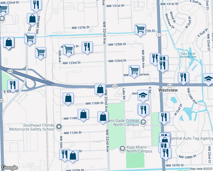 map of restaurants, bars, coffee shops, grocery stores, and more near Florida 924 in Opa-locka