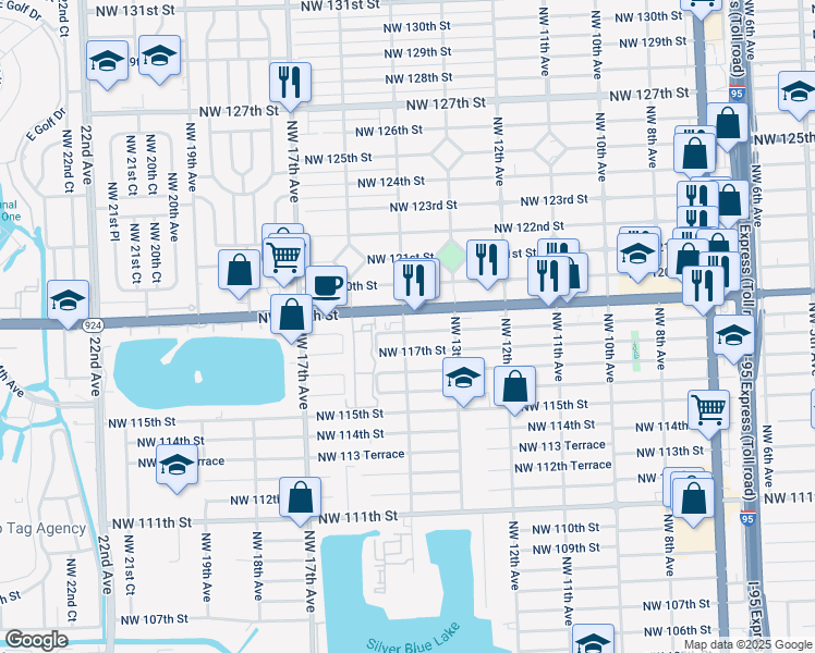 map of restaurants, bars, coffee shops, grocery stores, and more near 1411 Northwest 118th Street in Miami