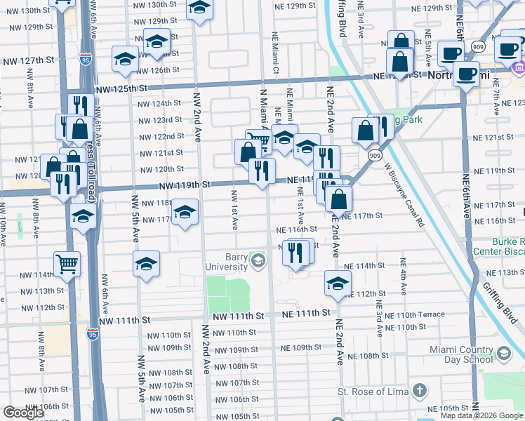 map of restaurants, bars, coffee shops, grocery stores, and more near 27 Northwest 117th Street in Miami