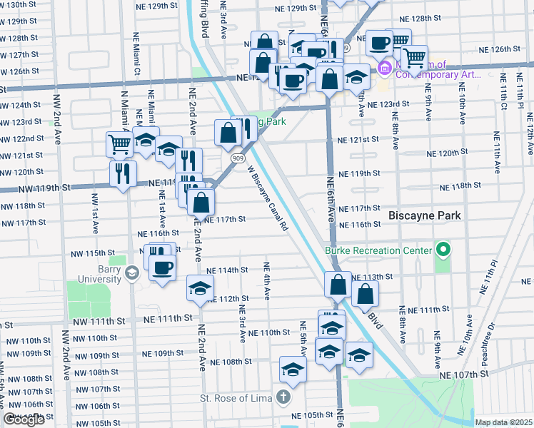 map of restaurants, bars, coffee shops, grocery stores, and more near 385 Northeast 117th Street in Miami