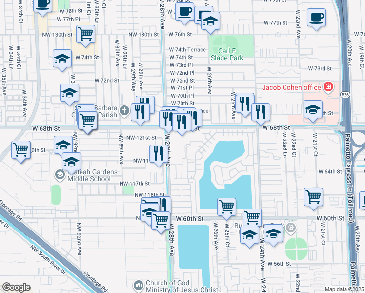 map of restaurants, bars, coffee shops, grocery stores, and more near 6560 West 27th Court in Hialeah