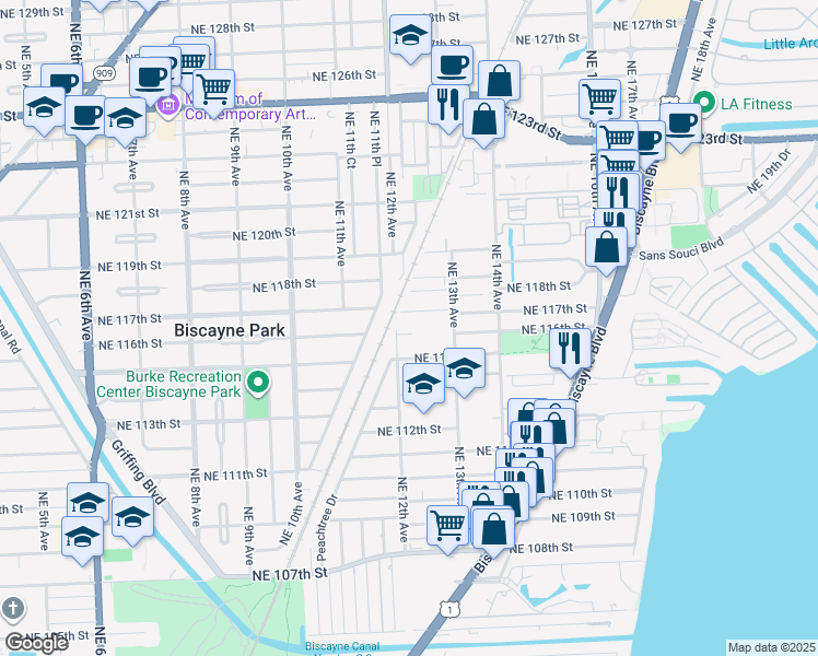 map of restaurants, bars, coffee shops, grocery stores, and more near 1221 Northeast 116th Street in Miami