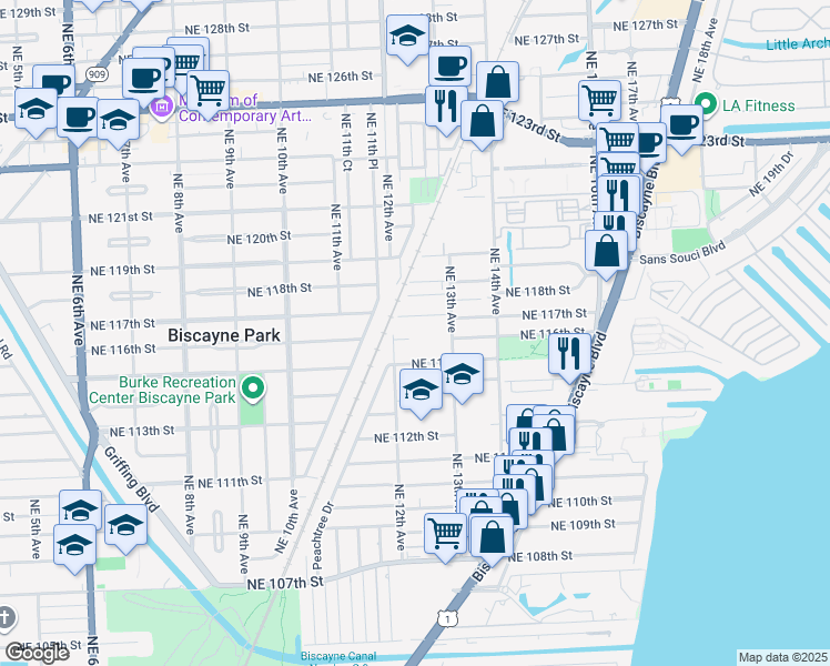 map of restaurants, bars, coffee shops, grocery stores, and more near 1221 Northeast 116th Street in Miami