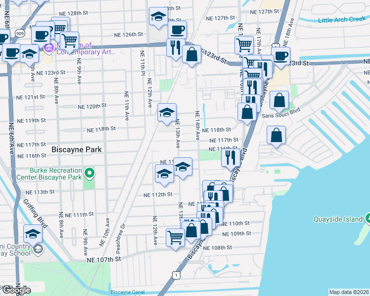map of restaurants, bars, coffee shops, grocery stores, and more near 1352 Northeast 116th Street in Miami