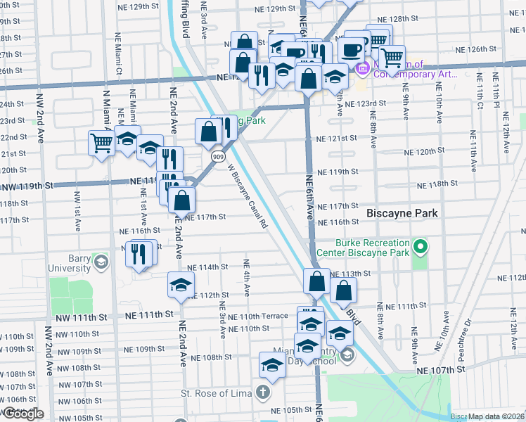 map of restaurants, bars, coffee shops, grocery stores, and more near 11770 Griffing Boulevard in Biscayne Park