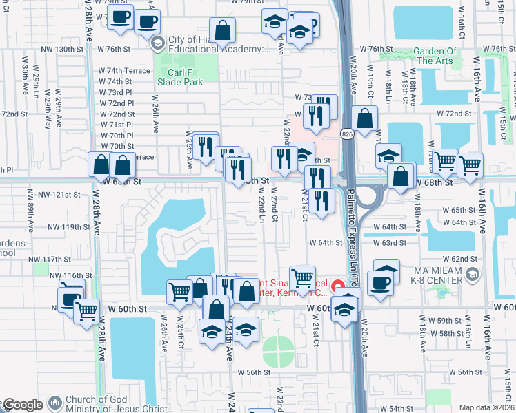 map of restaurants, bars, coffee shops, grocery stores, and more near 6602 West 22nd Lane in Hialeah