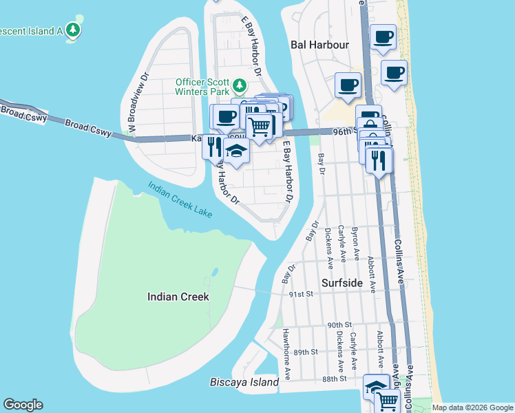 map of restaurants, bars, coffee shops, grocery stores, and more near 9183 West Bay Harbor Drive in Bay Harbor Islands