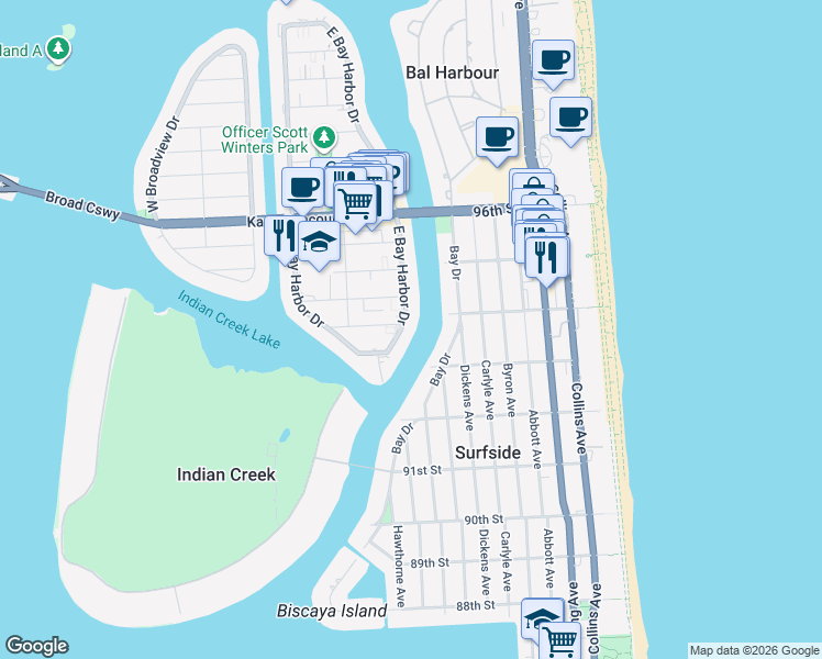 map of restaurants, bars, coffee shops, grocery stores, and more near 9161 East Bay Harbor Drive in Bay Harbor Islands