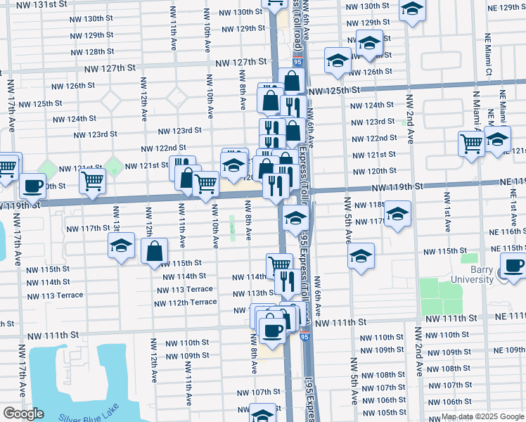 map of restaurants, bars, coffee shops, grocery stores, and more near 721 Northwest 117th Street in Miami