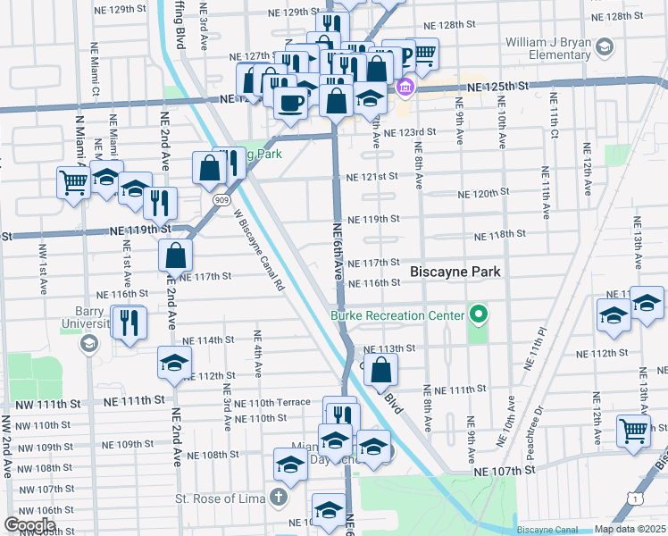 map of restaurants, bars, coffee shops, grocery stores, and more near 11625 Griffing Boulevard in Biscayne Park
