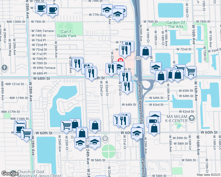 map of restaurants, bars, coffee shops, grocery stores, and more near 6625 West 22nd Court in Hialeah
