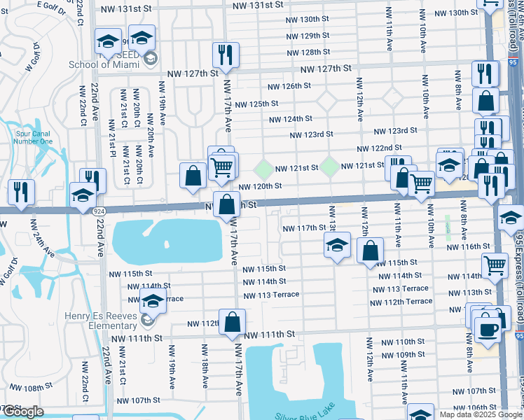 map of restaurants, bars, coffee shops, grocery stores, and more near 1560 Northwest 119th Street in Miami