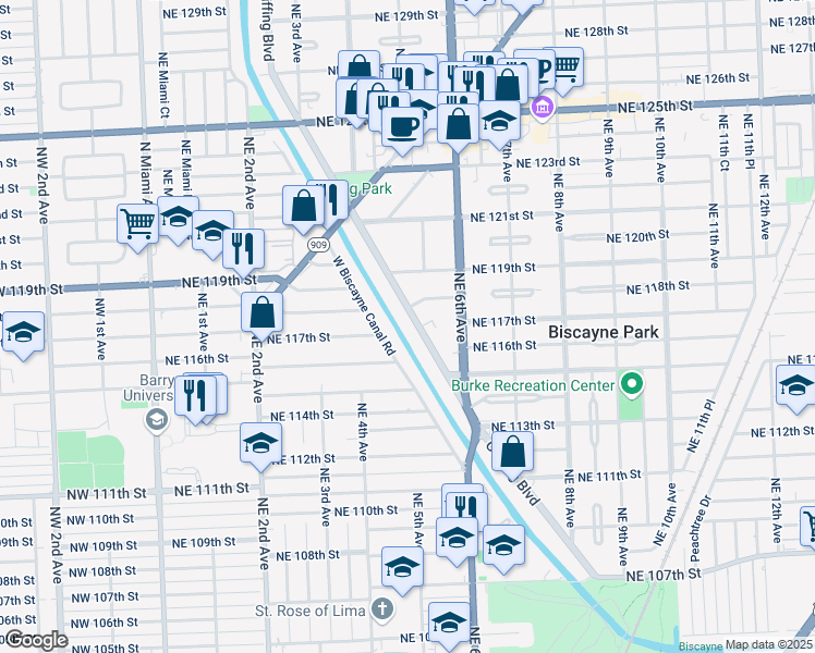 map of restaurants, bars, coffee shops, grocery stores, and more near 11770 Griffing Boulevard in Biscayne Park