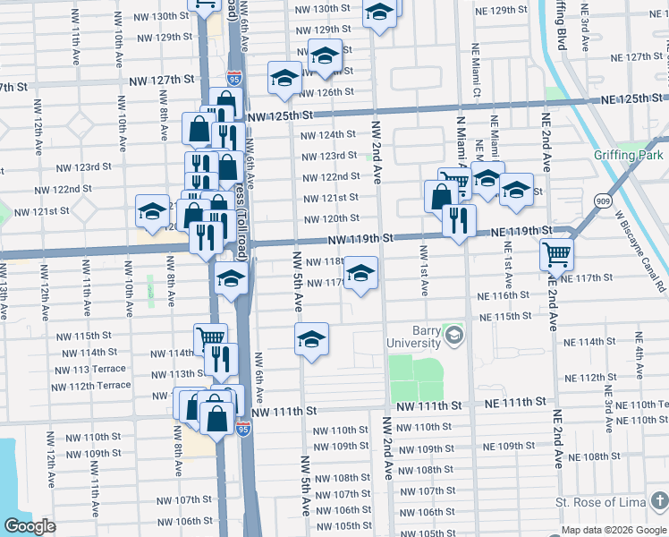 map of restaurants, bars, coffee shops, grocery stores, and more near 319 Northwest 117th Street in Miami