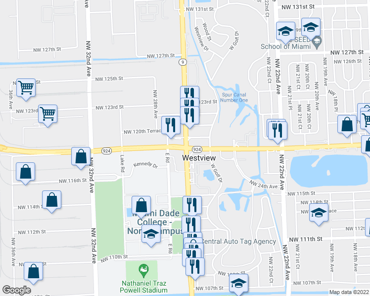map of restaurants, bars, coffee shops, grocery stores, and more near in Westview