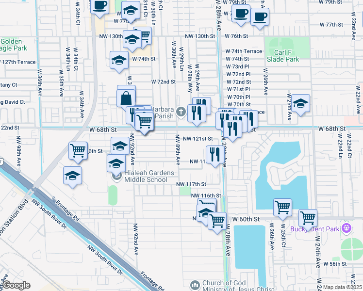 map of restaurants, bars, coffee shops, grocery stores, and more near 6 Northwest 121st Street in Hialeah Gardens