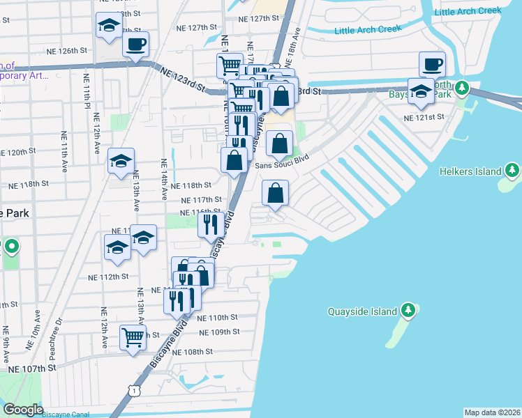 map of restaurants, bars, coffee shops, grocery stores, and more near 1651 Northeast 115th Street in Miami