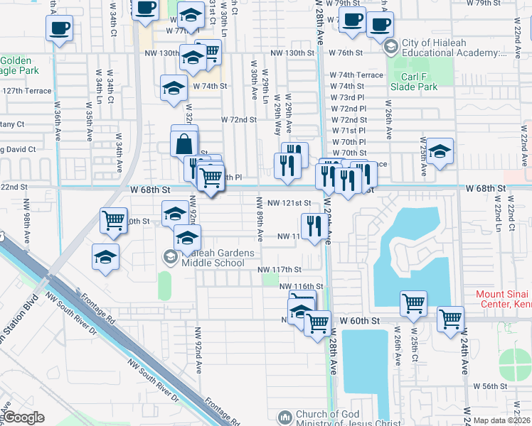 map of restaurants, bars, coffee shops, grocery stores, and more near 6 Northwest 121st Street in Hialeah Gardens