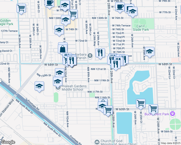 map of restaurants, bars, coffee shops, grocery stores, and more near 6 Northwest 121st Street in Hialeah Gardens