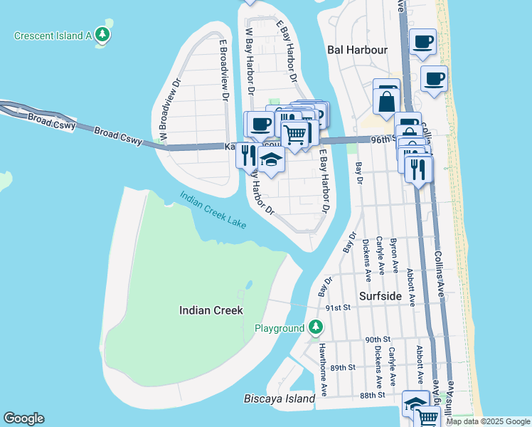 map of restaurants, bars, coffee shops, grocery stores, and more near 9250 West Bay Harbor Drive in Bay Harbor Islands