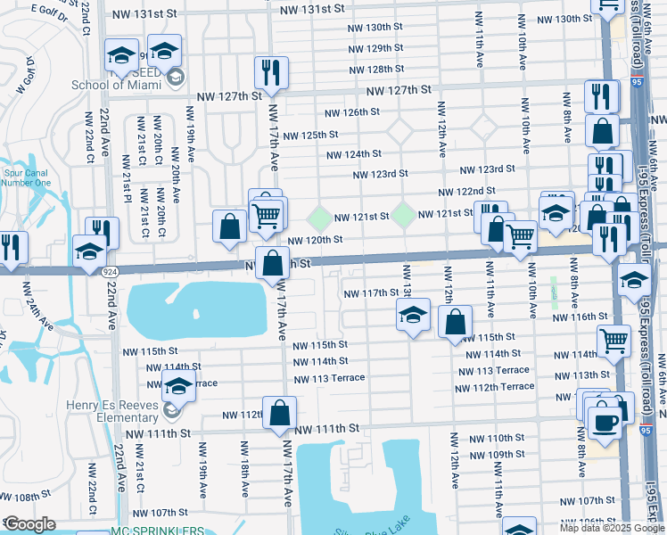 map of restaurants, bars, coffee shops, grocery stores, and more near 1500 Northwest 119th Street in North Miami