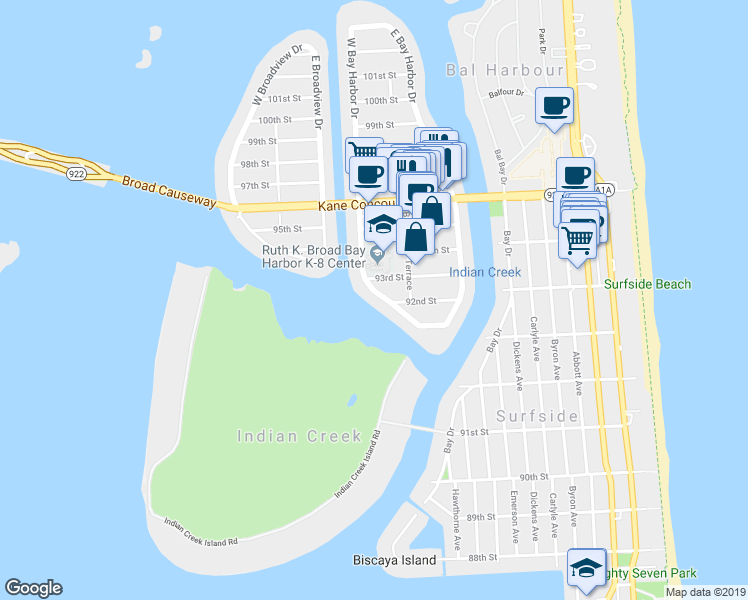 map of restaurants, bars, coffee shops, grocery stores, and more near 9250 West Bay Harbor Drive in Bay Harbor Islands