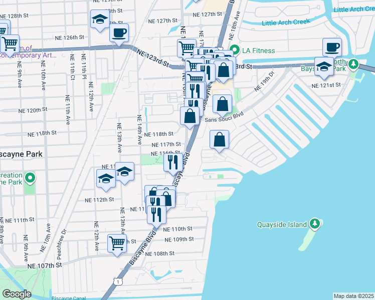 map of restaurants, bars, coffee shops, grocery stores, and more near 11601 Biscayne Boulevard in Miami