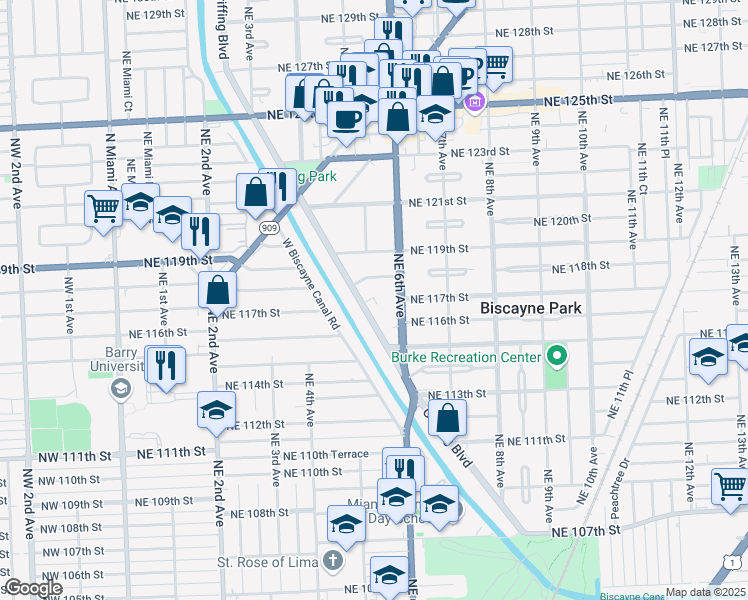 map of restaurants, bars, coffee shops, grocery stores, and more near 11625 Griffing Boulevard in Biscayne Park