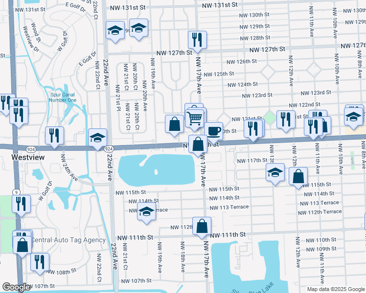 map of restaurants, bars, coffee shops, grocery stores, and more near 1810 Northwest 119th Street in Miami