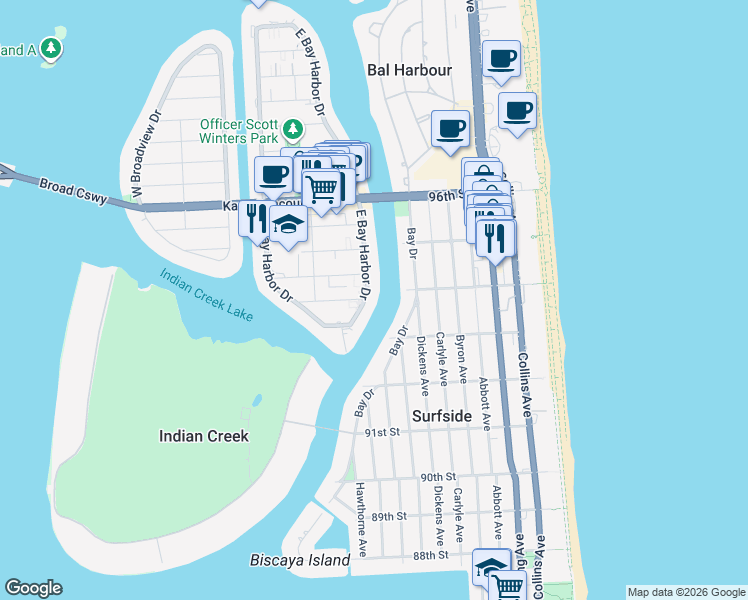 map of restaurants, bars, coffee shops, grocery stores, and more near 9161 East Bay Harbor Drive in Bay Harbor Islands