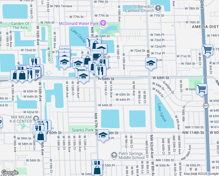 map of restaurants, bars, coffee shops, grocery stores, and more near 6560 West 11th Avenue in Hialeah