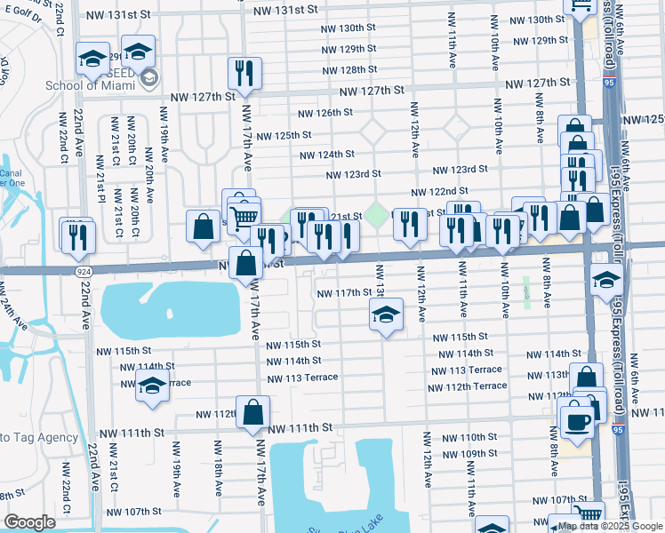map of restaurants, bars, coffee shops, grocery stores, and more near 1411 Northwest 118th Street in Miami