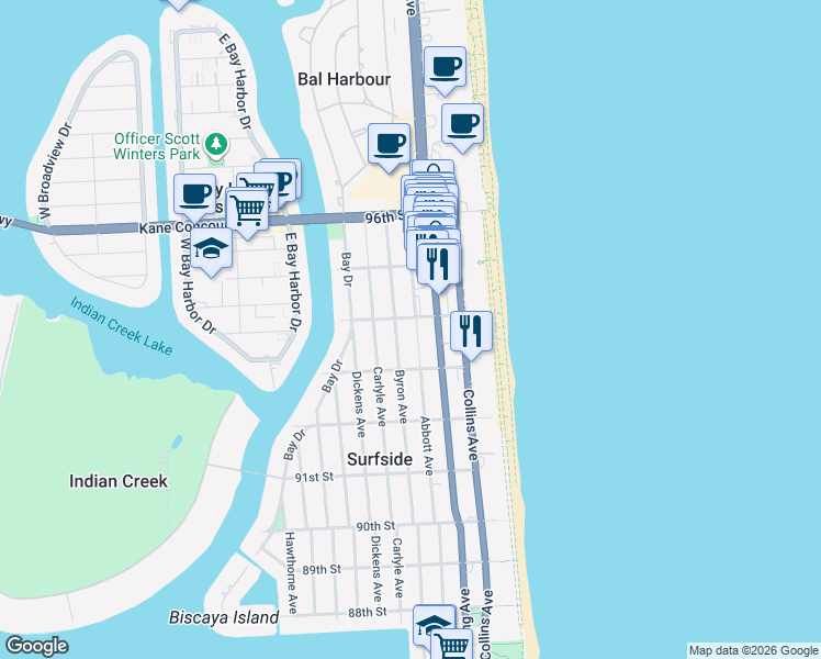 map of restaurants, bars, coffee shops, grocery stores, and more near 9349 Abbott Avenue in Surfside