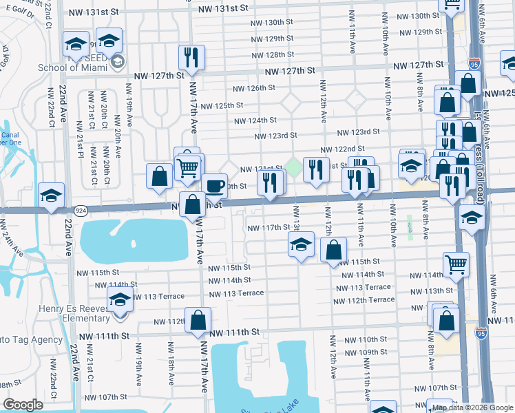 map of restaurants, bars, coffee shops, grocery stores, and more near 1411 Northwest 118th Street in Miami