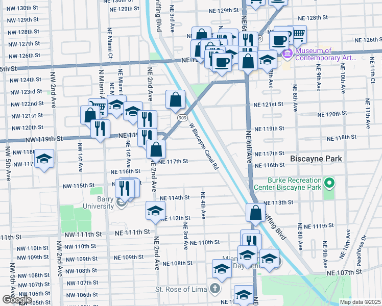 map of restaurants, bars, coffee shops, grocery stores, and more near 311 Northeast 117th Street in Miami