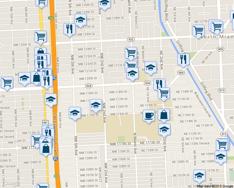 map of restaurants, bars, coffee shops, grocery stores, and more near 11702 Northwest 1st Avenue in Miami
