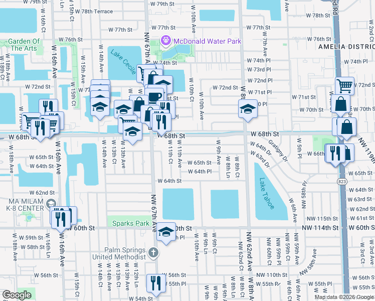 map of restaurants, bars, coffee shops, grocery stores, and more near 1042 West 66th Street in Hialeah