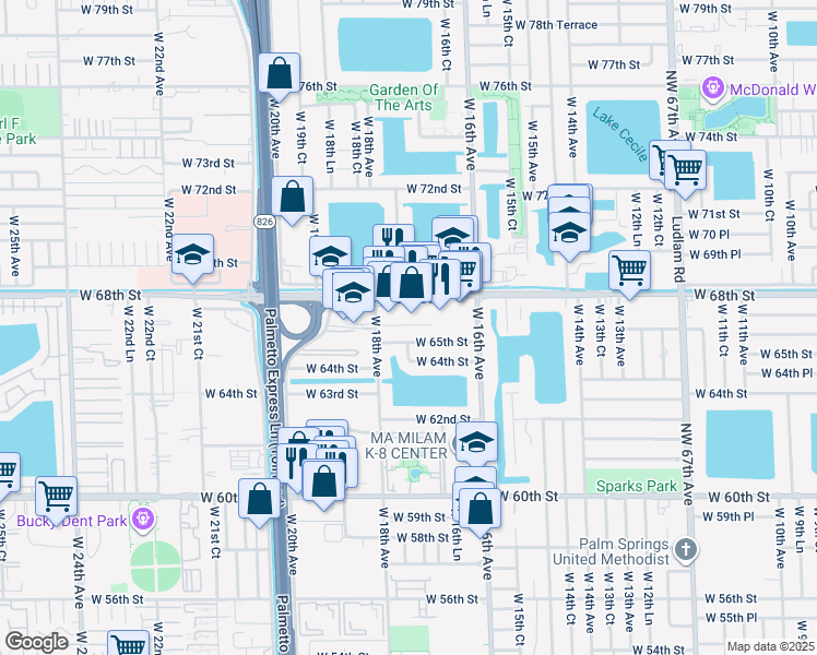 map of restaurants, bars, coffee shops, grocery stores, and more near 1766 West 65th Street in Hialeah