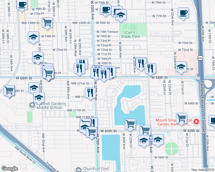 map of restaurants, bars, coffee shops, grocery stores, and more near 6560 West 27th Court in Hialeah
