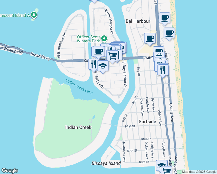 map of restaurants, bars, coffee shops, grocery stores, and more near 9183 West Bay Harbor Drive in Bay Harbor Islands